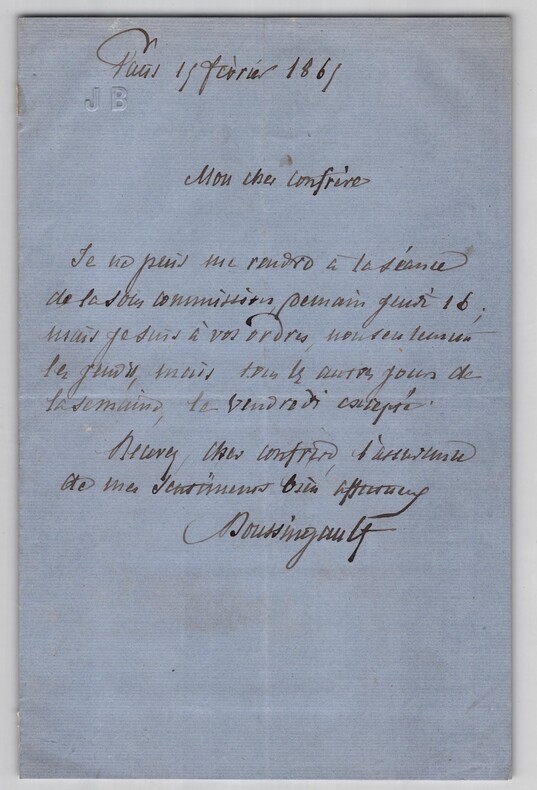 Jean-Baptiste Boussingault - Lettre autographe sign&eacute;e - Excuse de s&eacute;ance - 1865. Jean-Baptiste Boussingault
