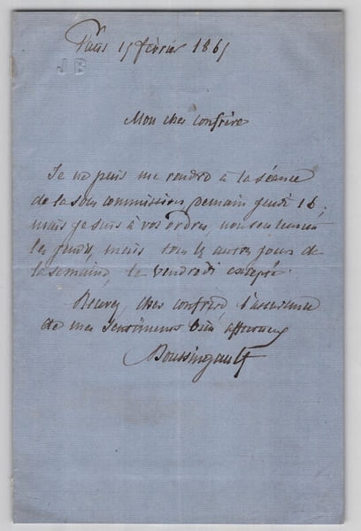 Jean-Baptiste Boussingault - Lettre autographe sign&eacute;e - Excuse de s&eacute;ance - 1865. Jean-Baptiste Boussingault