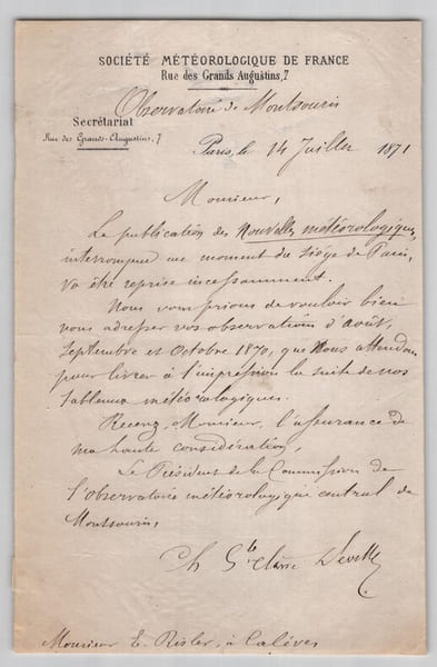 Charles Sainte-Claire Deville - Lettre autographe sign&eacute;e - Si&egrave;ge de Paris - 1871. Charles Sainte-Claire Deville