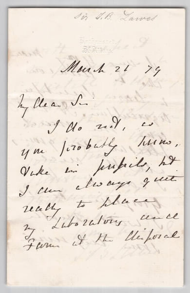 John Bennet Lawes - Lettre autographe sign&eacute;e - Agriculture scientifique &agrave; Rothamsted - 1879. John Bennet Lawes