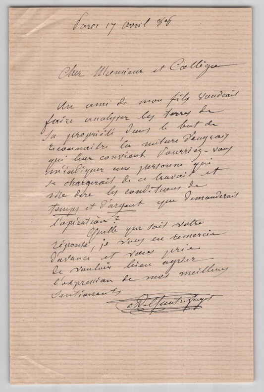 Armand de Quatrefages - Lettre autographe sign&eacute;e - Analyse de terres - 1888. Armand de Quatrefages