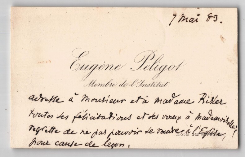 Eug&egrave;ne Peligot - Carte de visite autographe sign&eacute;e - 7 mai 1883. Eug&egrave;ne Peligot