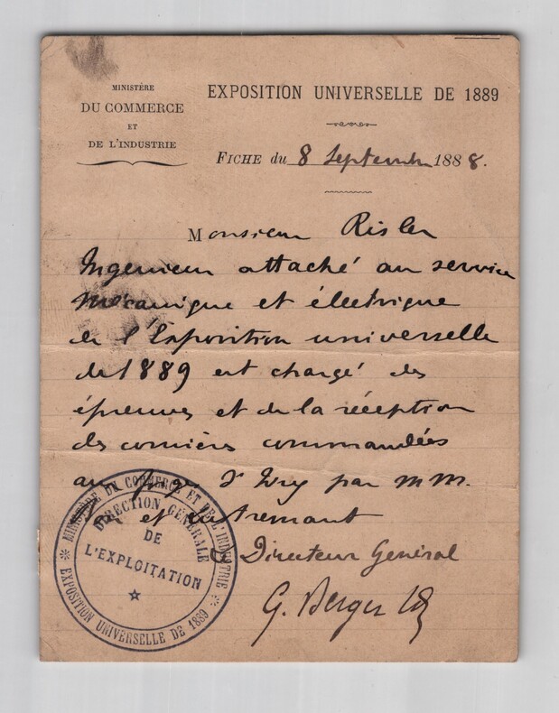 Georges Berger - Lettre autographe sign&eacute;e - Exposition universelle 1889 - 1888. Georges Berger
