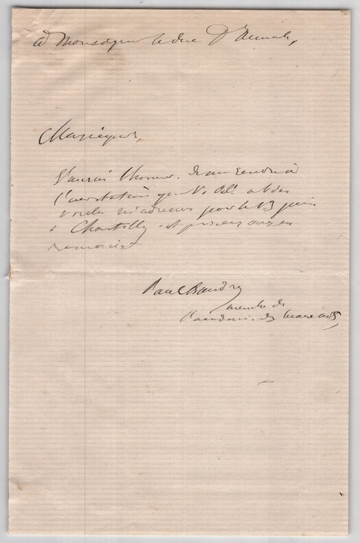 Paul Baudry - Lettre autographe sign&eacute;e &agrave; Henri d'Orl&eacute;ans - Chantilly - XIX&egrave;me. Paul Baudry