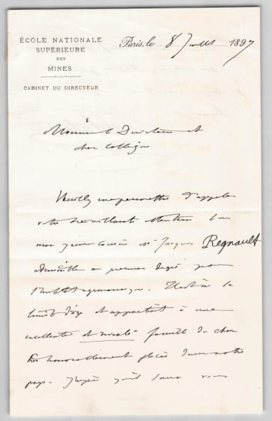 Haton de la Goupilli&egrave;re - Lettre autographe sign&eacute;e - &Eacute;cole des Mines - 1897. Haton de la Goupilli&egrave;re, Julien