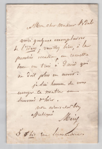 Joseph M&eacute;ry - Lettre autographe sign&eacute;e - Envoi d'exemplaires - XIXe si&egrave;cle. Joseph M&eacute;ry