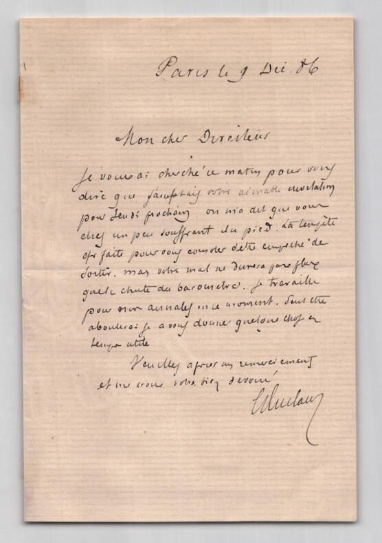 &Eacute;mile Duclaux - Lettre autographe sign&eacute;e &agrave; Eug&egrave;ne Risler - 1886. &Eacute;mile Duclaux