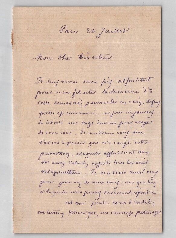 &Eacute;mile Duclaux - Lettre autographe sign&eacute;e - Agriculture et Cantal - 24 juillet. &Eacute;mile Duclaux