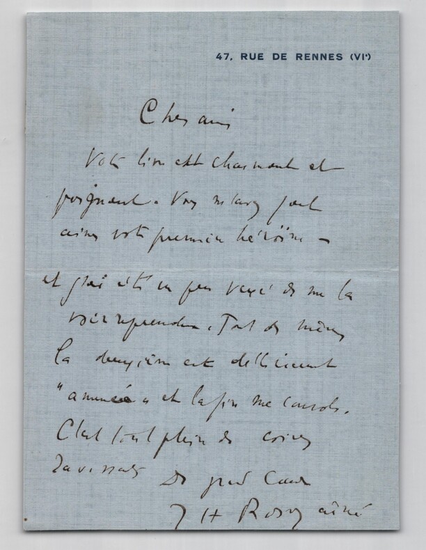 J.-H. Rosny a&icirc;n&eacute; - Lettre autographe sign&eacute;e &agrave; Mme Victor Margueritte - XX&egrave;me. J.-H. Rosny a&icirc;n&eacute;