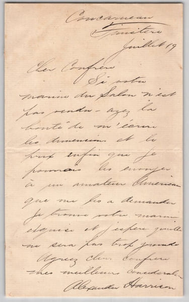 Alexander Harrison - Lettre autographe sign&eacute;e, Achat d'une marine du Salon - XIX. Alexander Harrison