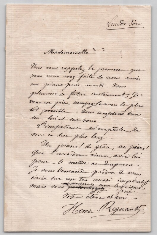 Henri Regnault - Lettre autographe sign&eacute;e r&eacute;clamant l'envoi imm&eacute;diat d'un piano. Henri Regnault