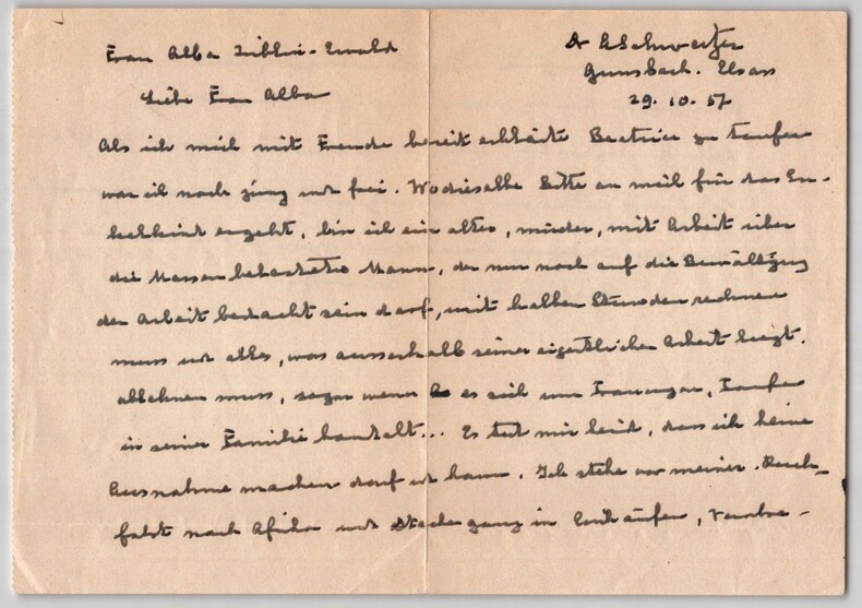 Docteur Albert Schweitzer - Lettre autographe sign&eacute;e &agrave; Alba Ziblin-Ewald - Gunsbach / Afrique / Lambar&eacute;n&eacute; - 1954. Albert Schweitzer