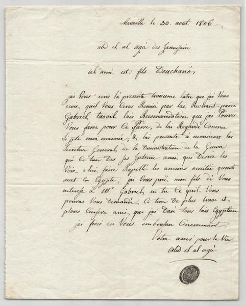 Michel Abdelal, Agha des Janissaires du Caire - Les exil&eacute;s de la Campagne d'&Eacute;gypte - Rare lettre sign&eacute;e - Recommandation du P&egrave;re Gabriel Taouil - ...