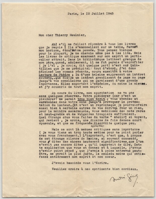 Andr&eacute; Gide - Lettre dactylographi&eacute;e sign&eacute;e &agrave; Thierry Maulnier - Racine - 1945. Andr&eacute; Gide