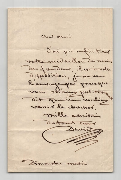 David d'Angers - Lettre autographe sign&eacute;e - Sculpture m&eacute;daillon bronze - 1846. Pierre-Jean David d'Angers
