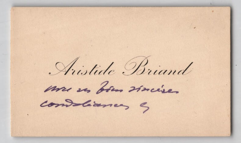 Aristide Briand - Carte de visite autographe - Condol&eacute;ances - XXe si&egrave;cle. Aristide Briand