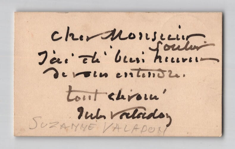 Suzanne Valadon - Carte de visite autographe - Remerciements - XXe si&egrave;cle. Suzanne Valadon