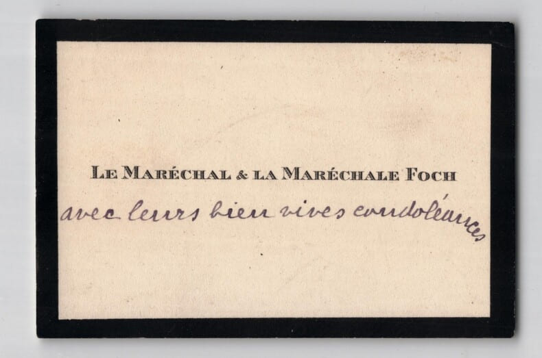 Mar&eacute;chal Foch - Carte de visite autographe - Mots de condol&eacute;ances - XXe si&egrave;cle. Mar&eacute;chal Foch