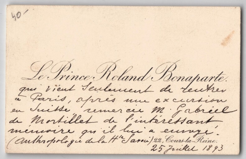 Prince Roland Bonaparte - Carte de visite autographe - &Agrave; G. de Mortillet - 1893. Roland Bonaparte