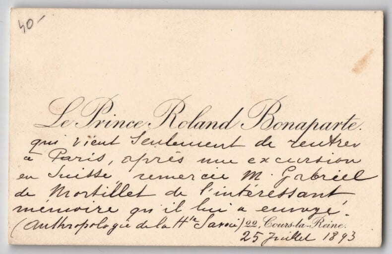 Prince Roland Bonaparte - Carte de visite autographe - &Agrave; G. de Mortillet - 1893. Roland Bonaparte