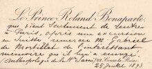 Prince Roland Bonaparte - Carte de visite autographe - &Agrave; G. de Mortillet - 1893. Roland Bonaparte