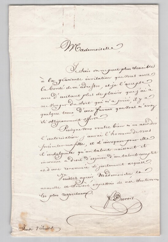 F&eacute;lix-Auguste Duvert - Lettre autographe sign&eacute;e - Invitation - XIXe si&egrave;cle. F&eacute;lix-Auguste Duvert