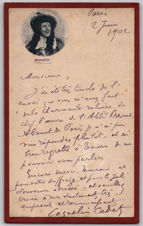 Coquelin Cadet, Lettre autographe sign&eacute;e, Chef d'oeuvre de l'Abb&eacute; Pr&eacute;vost - 1902. Coquelin Cadet