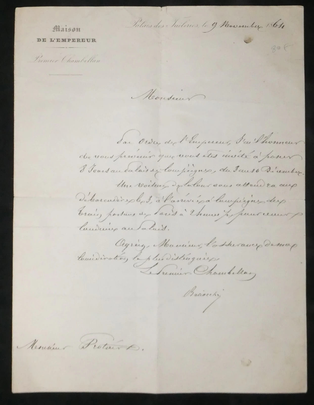F&eacute;lix Baciocchi - Lettre autographe sign&eacute;e - Invitation &agrave; Compi&egrave;gne - 1864. F&eacute;lix Baciocchi