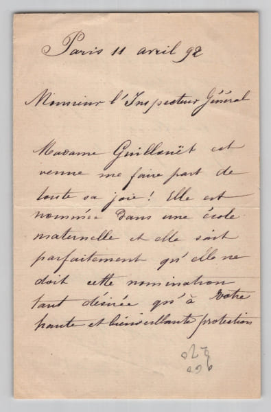 Juliette Dodu - Lettre autographe sign&eacute;e - 1&egrave;re femme L&eacute;gion d'honneur - 1892. Juliette Dodu