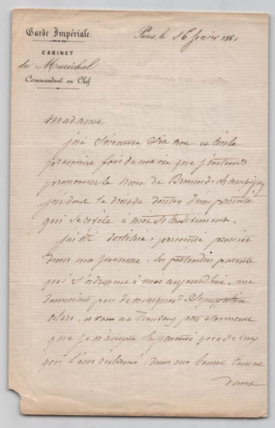 Regnaud de Saint-Jean d'Ang&eacute;ly, Lettre autographe sign&eacute;e, Garde Imp&eacute;riale, 1861. Auguste Regnaud de Saint-Jean d'Ang&eacute;ly
