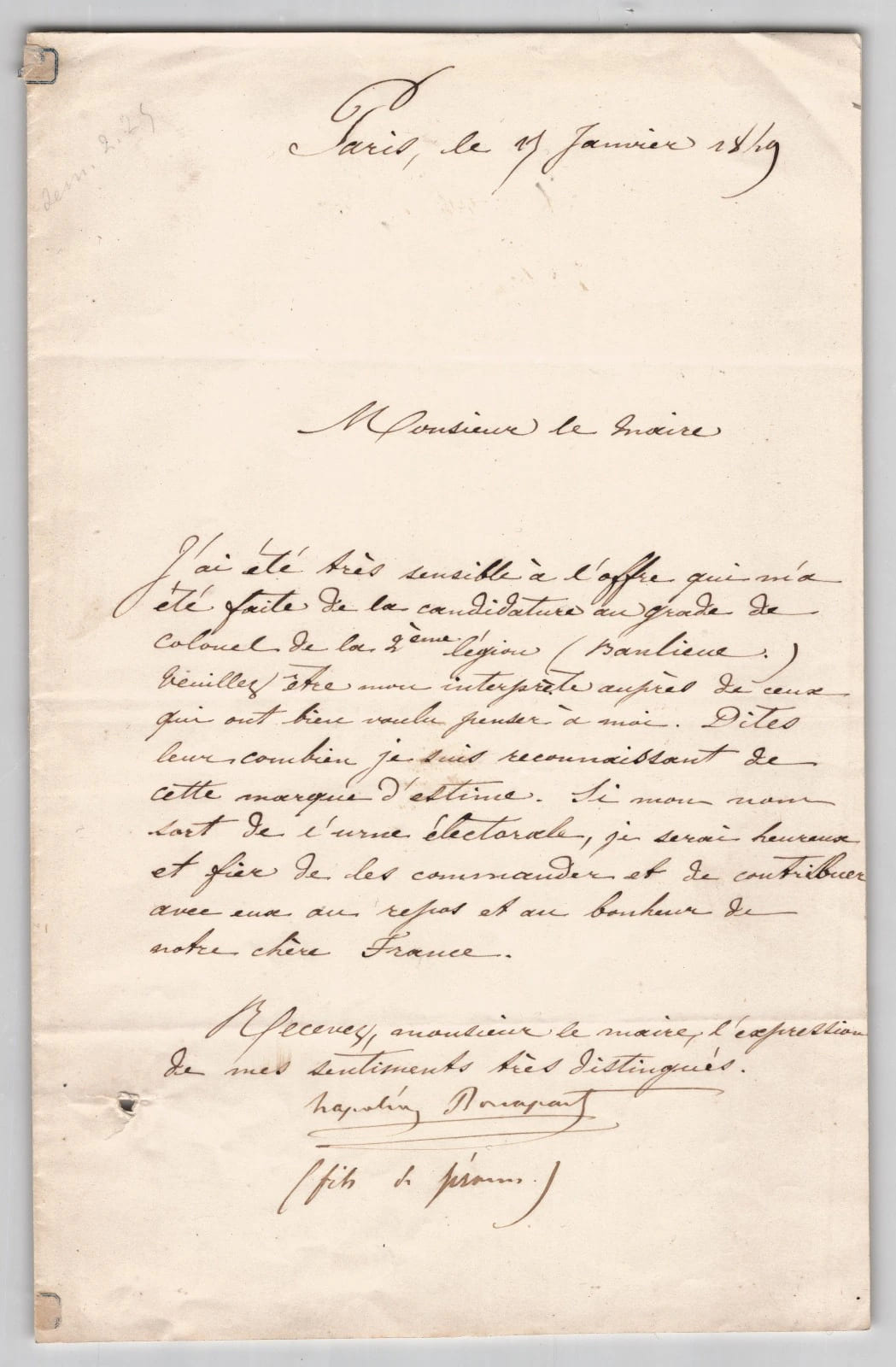 Napol&eacute;on-J&eacute;r&ocirc;me Bonaparte - Lettre autographe sign&eacute;e - Garde Nationale - 1849. Napol&eacute;on-J&eacute;r&ocirc;me Bonaparte