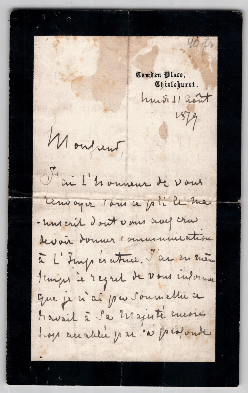 Duc de Bassano - Lettre sign&eacute;e - Mort du Prince Imp&eacute;rial - 1879. Napol&eacute;on Maret, duc de Bassano