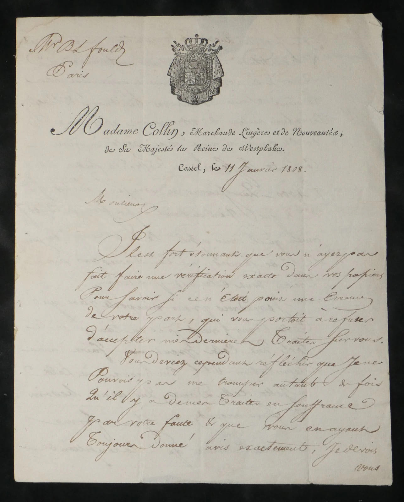 Mme Collin, Fournisseur Reine de Westphalie - L.A.S. au banquier Fould - 1809. Mme Collin
