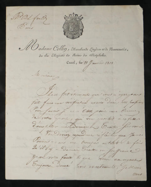 Mme Collin, Fournisseur Reine de Westphalie - L.A.S. au banquier Fould - 1809. Mme Collin