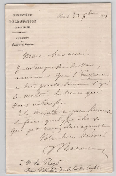 Pierre Jules Baroche - Lettre autographe sign&eacute;e - &Agrave; Ernest de Royer - 1863. Pierre Jules Baroche