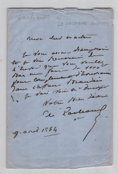 Charles Lachaud - Lettre autographe sign&eacute;e - Avocat de Marie Lafarge - 1864. Charles Lachaud