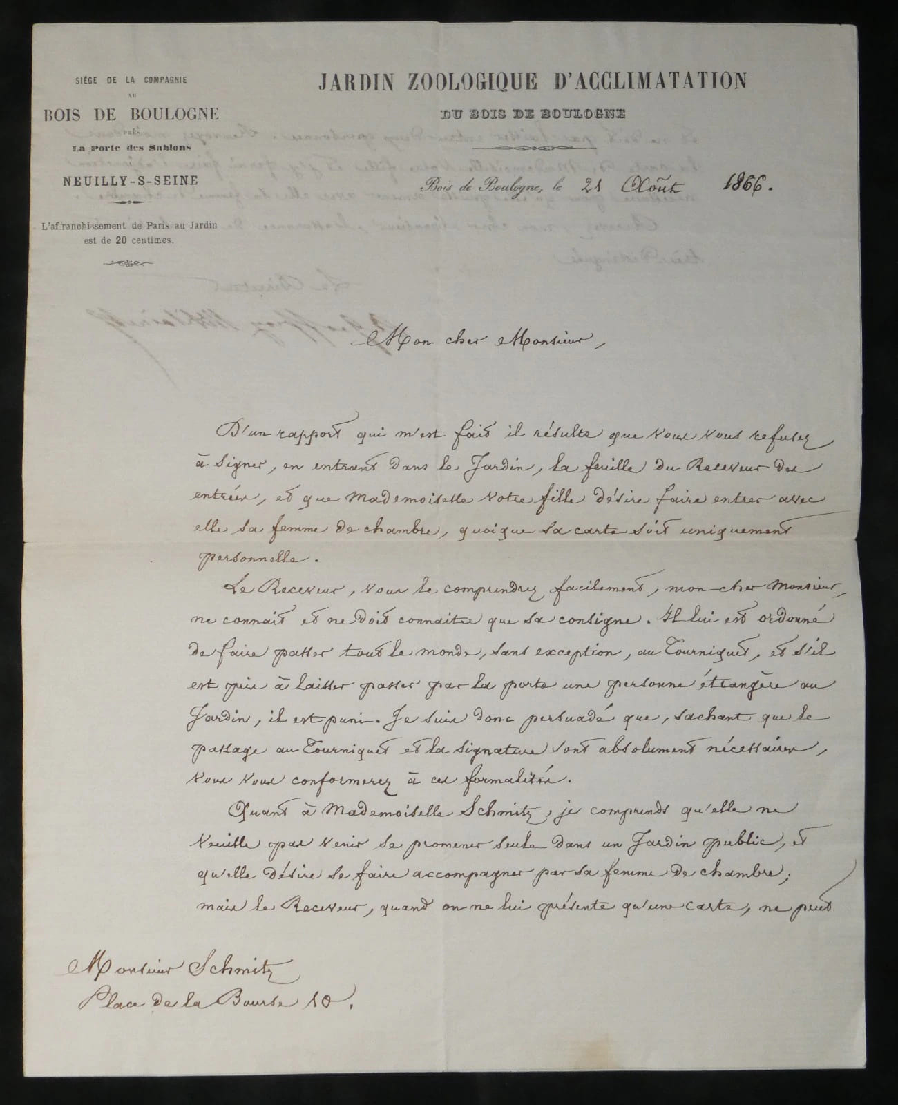 Albert Geoffroy Saint-Hilaire - Lettre sign&eacute;e - Jardin d'Acclimatation - 1866. Albert Geoffroy Saint-Hilaire
