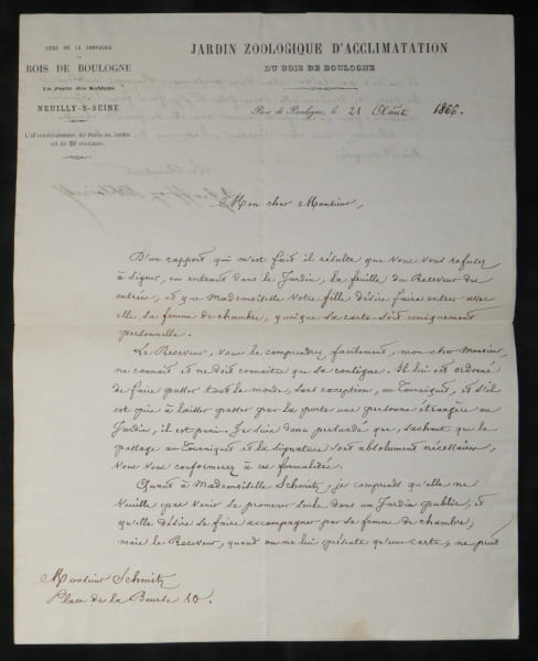 Albert Geoffroy Saint-Hilaire - Lettre sign&eacute;e - Jardin d'Acclimatation - 1866. Albert Geoffroy Saint-Hilaire