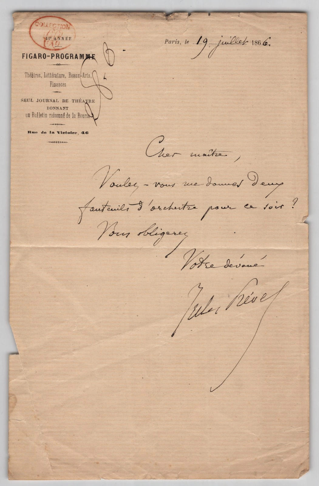 Jules Pr&eacute;vel - Lettre autographe sign&eacute;e - Figaro-Programme, th&eacute;&acirc;tre - 1866. Jules Pr&eacute;vel
