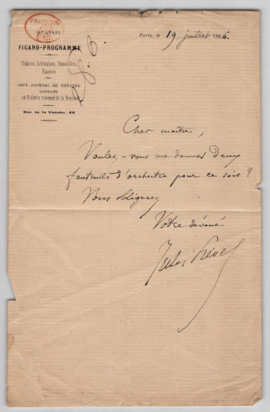 Jules Pr&eacute;vel - Lettre autographe sign&eacute;e - Figaro-Programme, th&eacute;&acirc;tre - 1866. Jules Pr&eacute;vel