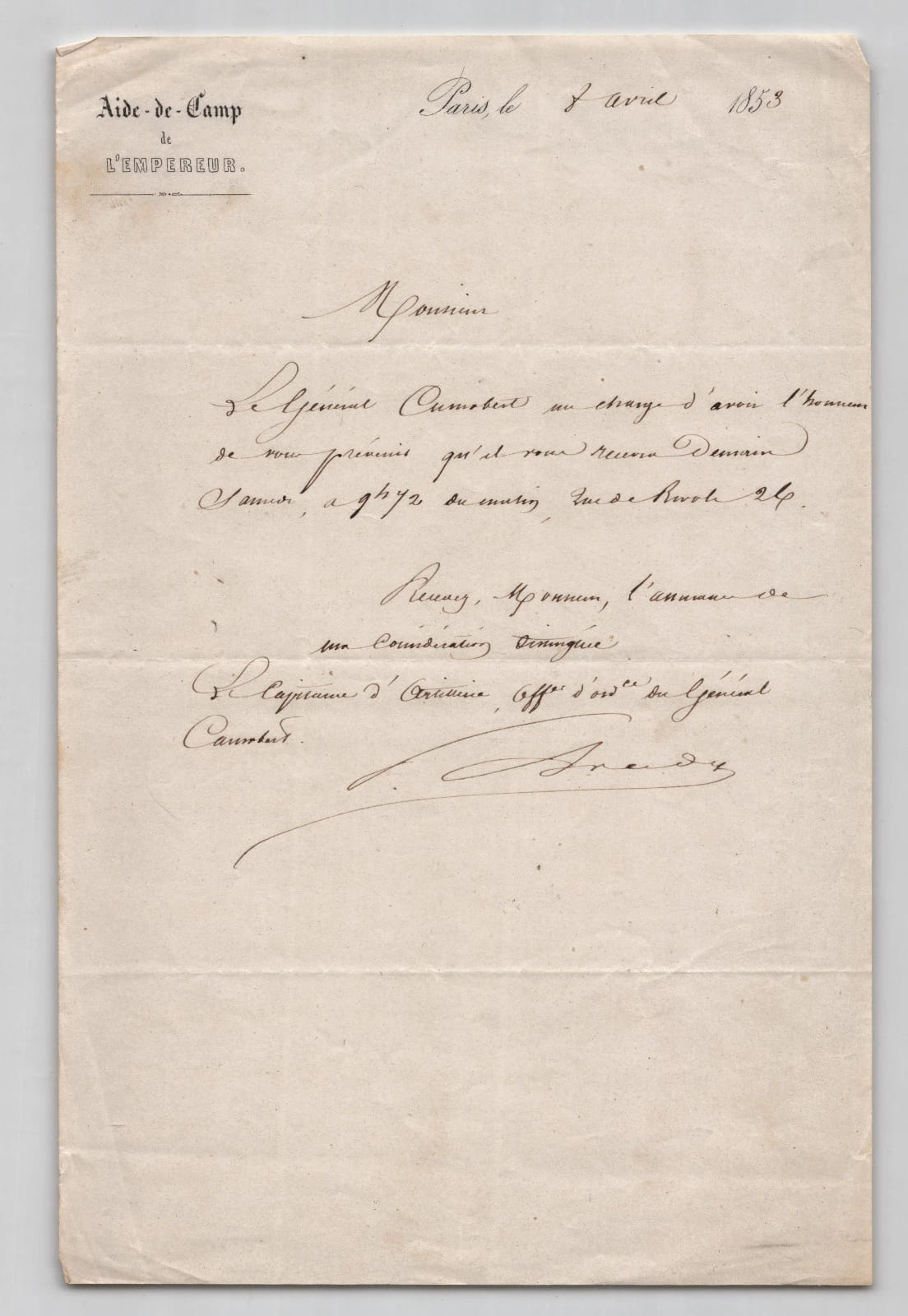 Officier d'ordonnance de Canrobert, Lettre sign&eacute;e, Convocation &agrave; audience - 1853. Officier d'ordonnance de Canrobert