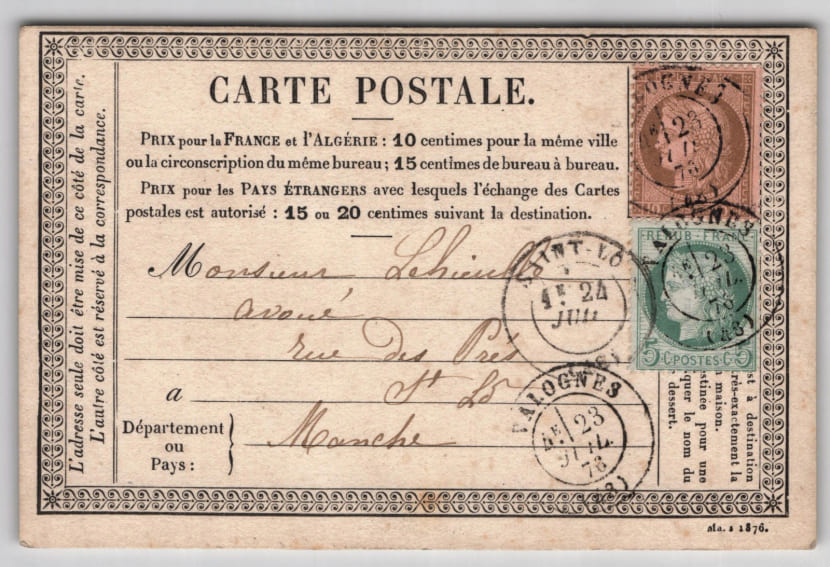 Carte postale pr&eacute;curseur 1876 - Valognes/St-L&ocirc; - Affranchissement compos&eacute; 15c. Rouelle