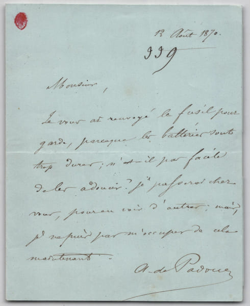 Ernest Arrighi de Casanova - Lettre autographe sign&eacute;e - Fusil de garde - 1870. Ernest Arrighi de Casanova