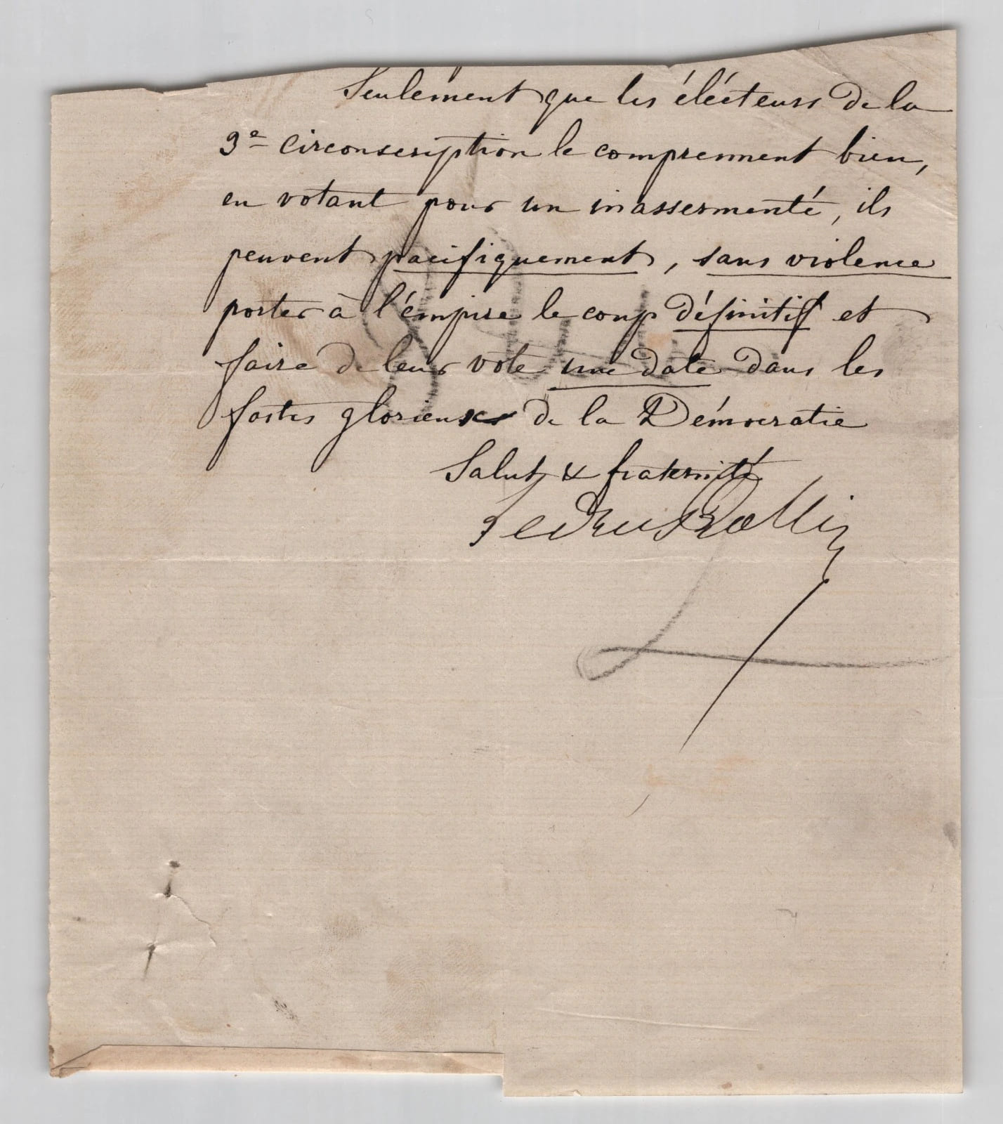 Ledru-Rollin - Lettre sign&eacute;e - Appel &eacute;lectoral, refus du serment - c.1869. Ledru-Rollin