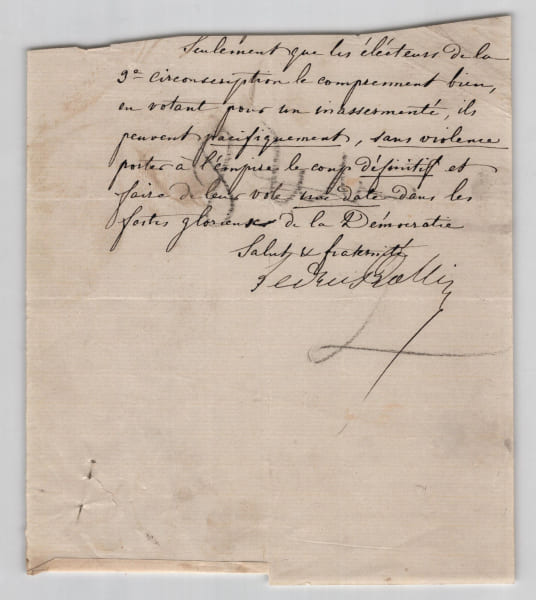 Ledru-Rollin - Lettre sign&eacute;e - Appel &eacute;lectoral, refus du serment - c.1869. Ledru-Rollin