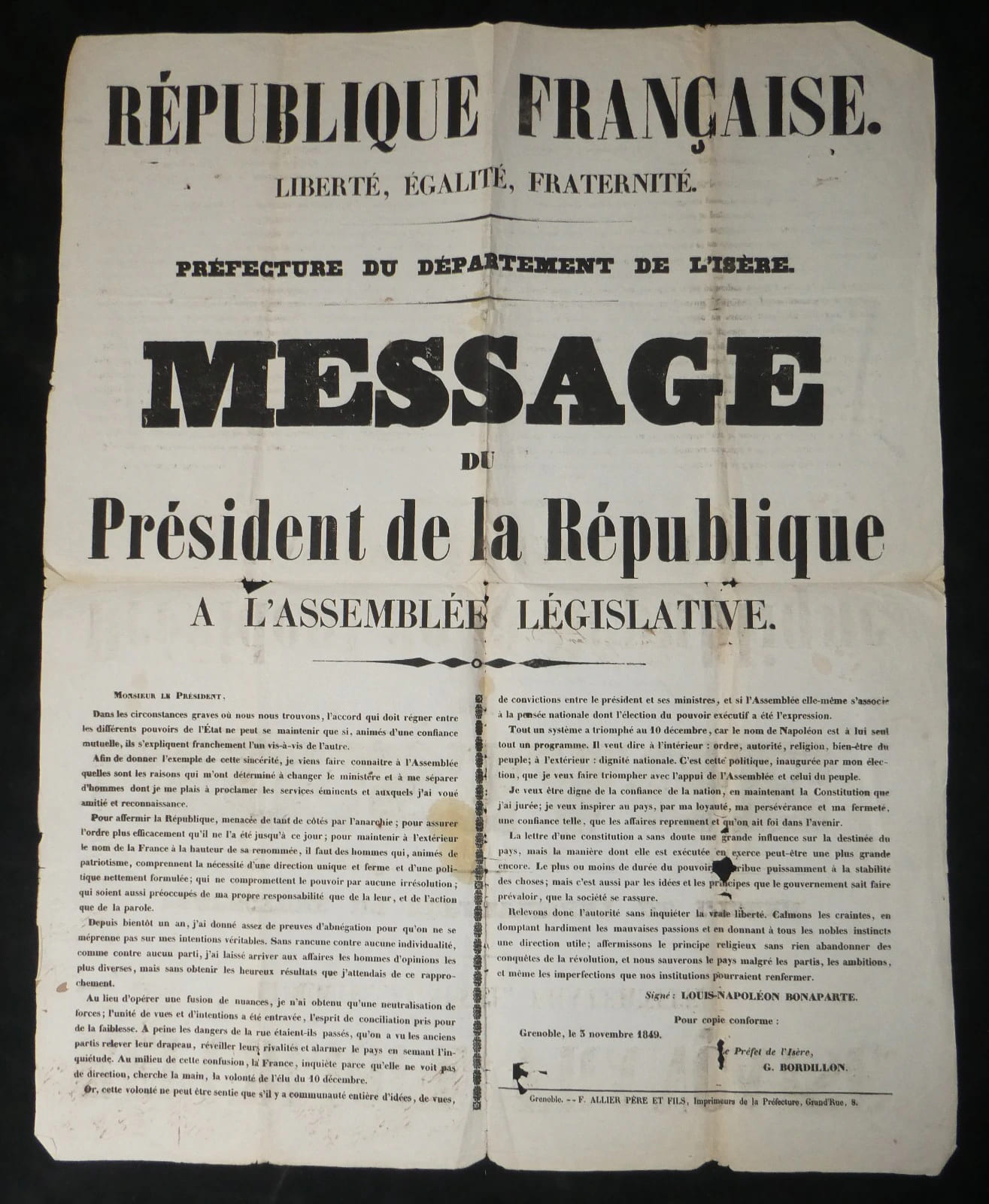 Louis-Napol&eacute;on Bonaparte - Affiche officielle - Message du 31 octobre 1849. Louis-Napol&eacute;on Bonaparte