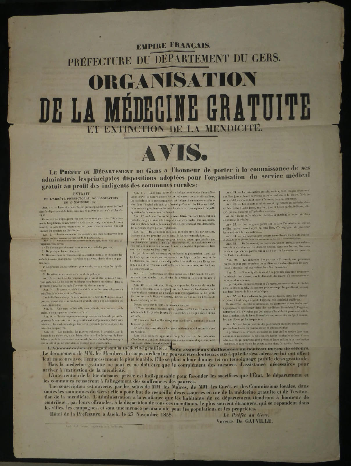 Second Empire - Affiche pr&eacute;fectorale imprim&eacute;e - M&eacute;decine gratuite Gers - 1858. Pr&eacute;fecture du Gers / J.-A. Portes (imprimeur)