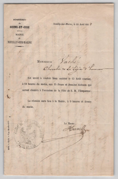 Vach&eacute; - L.A.S. et Invitation imp&eacute;riale Huvelle - Asile Ville-&Eacute;vrard 1868. Vach&eacute;