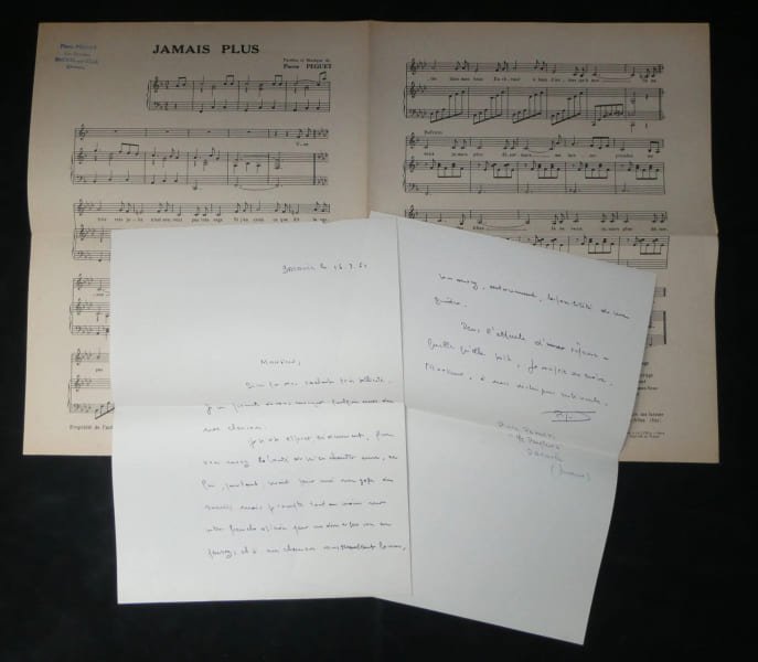 L.A.S. Pierre P&eacute;guet &agrave; Andr&eacute; Claveau, 1961 & Partition originale "Jamais Plus". Pierre P&eacute;guet