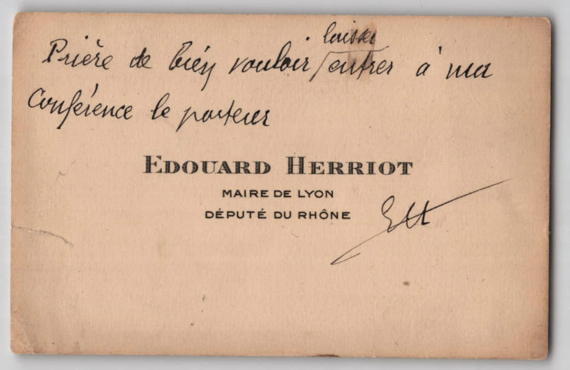 &Eacute;douard Herriot - Carte autographe sign&eacute;e - Laissez-passer de conf&eacute;rence - XXe. &Eacute;douard Herriot